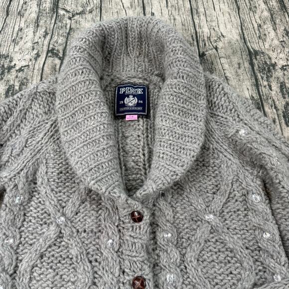 Victoria’s Secret PINK Wool Cable Knit Cardigan Belted Shawl Collar Rhinestone - Picture 3 of 10